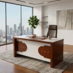 NHF-14879 Office Table W140 × L70 × H75 cm Wooden Office Table with Lockable Drawers, Storage Cabinet & Cable Management for Home and Office