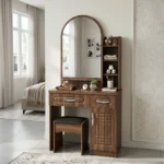 NHF-1625 Dressing Table with Mirror & Stool, H173 x W80 x D42 cm, Vanity Table with Drawer, Side Cabinet and Display Shelves - Image 2