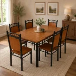 NHF-44966 Modern 7-Piece Dining Set, Warm Wood Finish Table with 6 Metal Circle-Back Chairs, Sturdy Steel Frame, Family-Sized Dining
