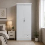 NHF-621 2-Door Wardrobe H185 x W80 x D45 cm, Lockable Cabinet with Hanging Rod, 4 Shelves & Bottom Drawer, Bedroom Storage Cupboard