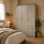 NHF-633 3-Door Wardrobe H190 x W120 x D55 cm, Lockable Bedroom Cabinet with Hanging Rod, Side Shelves & 3 Drawers, Large Storage Cupboard - Image 2