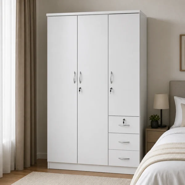 NHF-633 3-Door Wardrobe H190 x W120 x D55 cm, Lockable Bedroom Cabinet with Hanging Rod, Side Shelves & 3 Drawers, Large Storage Cupboard