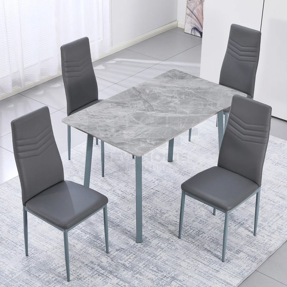 66 1 Gray copy NHF-66 Modern 5-Piece Dining Set, Faux Marble Dining Table with 4 Leatherette Chairs, High-Back Design, Compact Space-Saving - Image 1