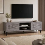 NHF-706 TV Unit H44.5x L150 x W40, Wooden Entertainment Center with 2 Drawers & Open Shelves, for Living Room - Image 2