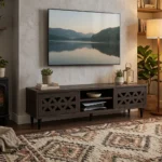 NHF-708 TV Unit H44.5 x L180 x W40 cm, Entertainment Center with 2 Sliding Door Cabinets, Open Shelves, Wooden TV Stand for Living Room
