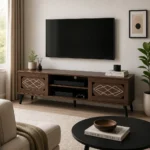 NHF-710 TV Unit H44.5 x W40 x L150 cm, Wooden Entertainment Center with 2 Drawers & Open Shelves, Modern Grey Finish for Living Room - Image 3