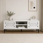 NHF-710 TV Unit H44.5 x W40 x L150 cm, Wooden Entertainment Center with 2 Drawers & Open Shelves, Modern Grey Finish for Living Room