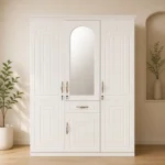 NHF-8838 3-Door Wardrobe H200 x W150 x D58 cm, Lockable Cabinet with Hanging Rod, 8 Shelves & Bottom Drawer, Bedroom Storage Cupboard