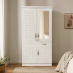 NHF-8872 2-Door Wardrobe H200 x W100 x D58 cm, Lockable Cabinet with Hanging Rod, 5 Shelves & Bottom Drawer, Bedroom Storage Cupboard