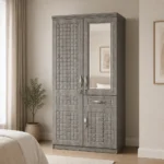 NHF-8872 2-Door Wardrobe H200 x W100 x D58 cm, Lockable Cabinet with Hanging Rod, 5 Shelves & Bottom Drawer, Bedroom Storage Cupboard - Image 3