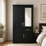 NHF-8872 2-Door Wardrobe H200 x W100 x D58 cm, Lockable Cabinet with Hanging Rod, 5 Shelves & Bottom Drawer, Bedroom Storage Cupboard - Image 2