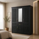 NHF-8873 3-Door Wardrobe H200 x W150 x D58 cm, Mirrored Cabinet with Hanging Rod, 8 Shelves & Bottom Drawer, Bedroom Storage Cupboard - Image 2