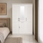 NHF-8873 3-Door Wardrobe H200 x W150 x D58 cm, Mirrored Cabinet with Hanging Rod, 8 Shelves & Bottom Drawer, Bedroom Storage Cupboard