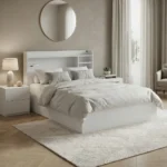 NHF-306 Modern Storage Bed Frame H90 x W100 x L200 cm with Multi-Functional Headboard, Open Shelves and Side Storage Compartments, White Finish