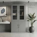 NHF-BK-10 Metal Wardrobe With glass, Grey H185 × W90 × D45 cm, with Locking System, Space-Saving Storage Cabinet for Home, Office & Hotels.