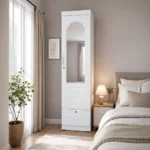NHF-8811 1-Door Wardrobe H190 x W50 x D52 cm, Lockable Mirrored Cabinet with Hanging Rod, 2 Shelves & Bottom Drawer