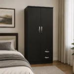 NHF-622 2-Door Wardrobe H190 x W90 x D55 cm, Lockable Cabinet with Hanging Rod, Shelves & Bottom Drawers, Large Bedroom Storage Cupboard - Image 2