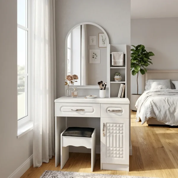 NHF-1625 Dressing Table with Mirror & Stool, H173 x W80 x D42 cm, Vanity Table with Drawer, Side Cabinet and Display Shelves