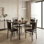 NHF-44944 Modern 5-Piece Dining Set, Dark Wood Finish Table with 4 Metal Scrollback Chairs, Sturdy Steel Frame, Compact Space-Saving - Image 2