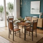 NHF-44944 Modern 5-Piece Dining Set, Dark Wood Finish Table with 4 Metal Scrollback Chairs, Sturdy Steel Frame, Compact Space-Saving