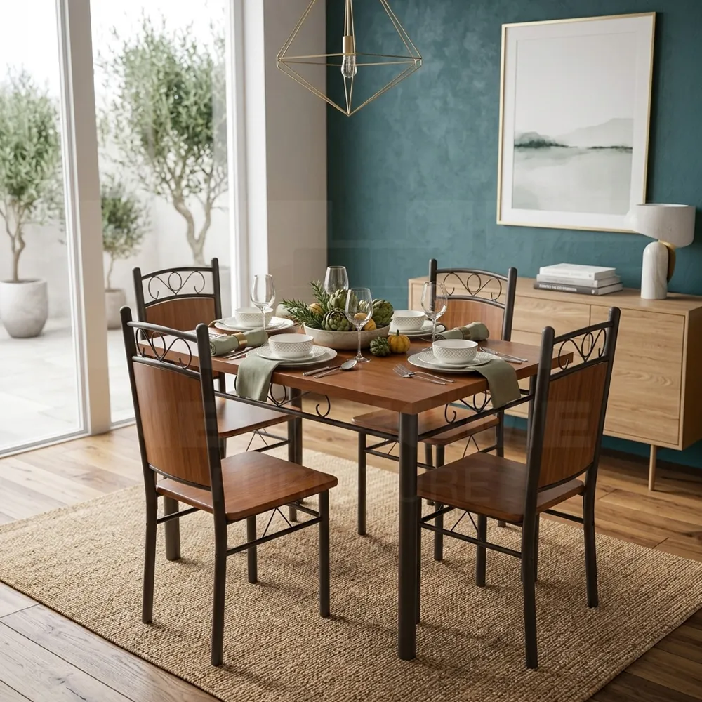 NHF 44944 OAK Mockup copy NHF-44944 Modern 5-Piece Dining Set, Dark Wood Finish Table with 4 Metal Scrollback Chairs, Sturdy Steel Frame, Compact Space-Saving - Image 1