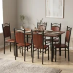 NHF-44966 Modern 7-Piece Dining Set, Warm Wood Finish Table with 6 Metal Circle-Back Chairs, Sturdy Steel Frame, Family-Sized Dining - Image 2