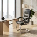 NHF-454 Executive Office Chair - Premium Black Leather Ergonomic Office Chair with Fixed Armrests, Chrome Cantilever Base - Professional Seating for Office & Boardroom