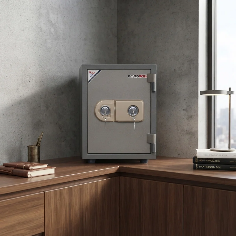 NHF 50 kl mock up NHF-50-KL Steel Security Safe Beige-Gold.H45xW34.3xD36.8 ,with Dual Key Lock, Compact Fire‑Resistant Safe for Home & Office. - Image 1