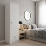 NHF-611 Single Door Wardrobe H190 x W50 x D55 cm, Lockable Storage Cabinet with Hanging Section, Shelf & Drawer, Bedroom Cupboard