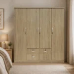 NHF-644 4-Door Wardrobe, Lockable Storage Cabinet with 7 Shelves, 4 Drawers & Hanging Rod, Spacious Bedroom Cupboard - Image 2