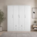 NHF-644 4-Door Wardrobe, Lockable Storage Cabinet with 7 Shelves, 4 Drawers & Hanging Rod, Spacious Bedroom Cupboard