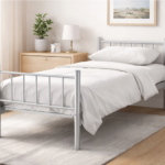 NHF-88-GR Single Metal Bed Frame 190 x 90 x 42 cm, Heavy-Duty Steel Construction, Metal Slat Support, Space-Saving Bedroom Bed Base